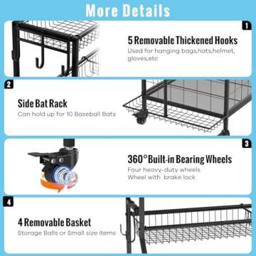 WUC Sports Equipment Organizer - Garage Ball Storage Rack with Basket, Hooks and Rolling Cart for Toy Sports Gear Storage, Black