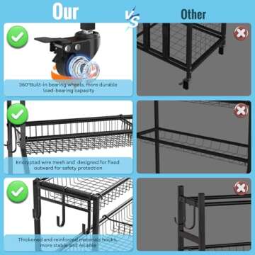 WUC Sports Equipment Organizer - Garage Ball Storage Rack with Basket, Hooks and Rolling Cart for Toy Sports Gear Storage, Black