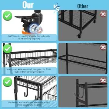 WUC Sports Equipment Organizer - Garage Ball Storage Rack with Basket, Hooks and Rolling Cart for Toy Sports Gear Storage, Black