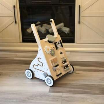 Asweets Wooden Baby Walker Push and Pull Learning Activity Walker Kids’ Activity Toy Multiple Activities Center Develops Motor Skills & Stimulates Creativity(Natural)