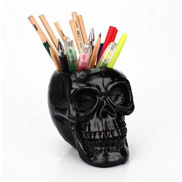 Nicee Skull Pen Holder,Skull Makeup Brush Holder,Pen Holder,Dressing Table Office Desk Storage Box,Green Plant Flower Pot,Halloween Skull(Black)