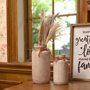 TERESA'S COLLECTIONS Farmhouse Vase for Home Decor,Decorative Ceramic Vase for Pampas Grass,Rustic Vases for Living Room,Fireplace,Centerpiece,Mantel,9.7",Boho Christmas Vase Set of 2,Gift for Mom