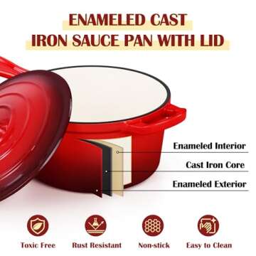 E-far Enameled Cast Iron Sauce Pan with Lid, 1 Quart Dutch Oven Saucepan, Mini Sauce Pot for Cooking, Boiling, Healthy & Non Toxic, Induction & Oven Safe, Red