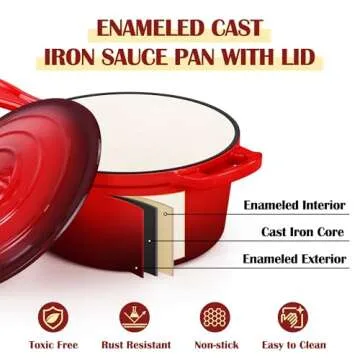 E-far Enameled Cast Iron Sauce Pan with Lid, 1 Quart Dutch Oven Saucepan, Mini Sauce Pot for Cooking, Boiling, Healthy & Non Toxic, Induction & Oven Safe, Red
