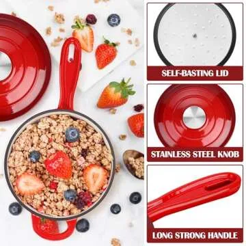 E-far Enameled Cast Iron Sauce Pan with Lid, 1 Quart Dutch Oven Saucepan, Mini Sauce Pot for Cooking, Boiling, Healthy & Non Toxic, Induction & Oven Safe, Red