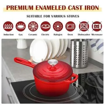 E-far Enameled Cast Iron Sauce Pan with Lid, 1 Quart Dutch Oven Saucepan, Mini Sauce Pot for Cooking, Boiling, Healthy & Non Toxic, Induction & Oven Safe, Red