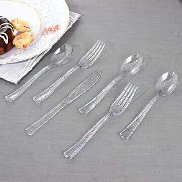 Supernal 360pcs Clear Plastic Silverware - Glittery Disposable Cutlery for Every Celebration