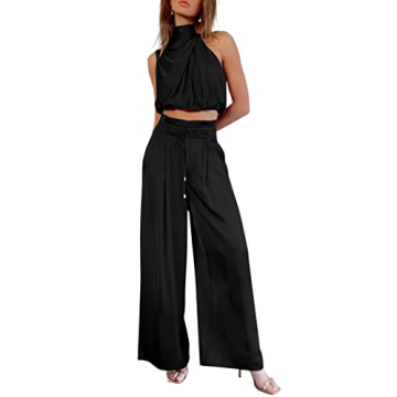 PRETTYGARDEN Women's 2 Piece Outfits 2025 Summer Casual Sleeveless Mock Neck Crop Tops Wide Leg Pant...
