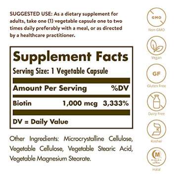 Solgar Biotin 1000 mcg, 250 Vegetable Capsules - Supports Healthy Skin, Nails & Hair - Energy Metabo...