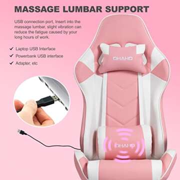 OHAHO Gaming Chair Racing Style Office Chair Adjustable Massage Lumbar Cushion Swivel Rocker Recliner High Back Ergonomic Computer Desk Chair with Retractable Arms and Footrest (Pink/White)
