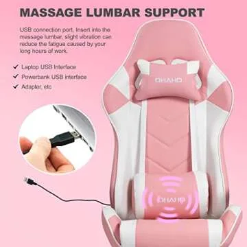OHAHO Gaming Chair Racing Style Office Chair Adjustable Massage Lumbar Cushion Swivel Rocker Recliner High Back Ergonomic Computer Desk Chair with Retractable Arms and Footrest (Pink/White)