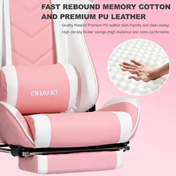 OHAHO Gaming Chair Racing Style Office Chair Adjustable Massage Lumbar Cushion Swivel Rocker Recliner High Back Ergonomic Computer Desk Chair with Retractable Arms and Footrest (Pink/White)