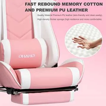 OHAHO Gaming Chair Racing Style Office Chair Adjustable Massage Lumbar Cushion Swivel Rocker Recliner High Back Ergonomic Computer Desk Chair with Retractable Arms and Footrest (Pink/White)