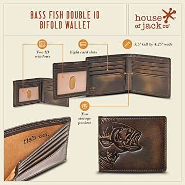 House of Jack Co. BASS FISH Bifold Wallet for Men | Extra Capacity Two ID Windows | Full Grain Leath...