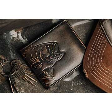 House of Jack Co. BASS FISH Bifold Wallet for Men | Extra Capacity Two ID Windows | Full Grain Leather With Hand Burnished Finish | Multi Card Capacity Men's Wallet | Outdoor Sportsman Gift