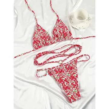 Women Halter String Bikini Set Sexy Thong Cheeky Two Piece Swimsuits Solid Color Bathing Swimwear