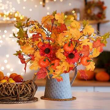 2Pcs 24" Fall Leaves Stems Artificial Autumn Leaves Maple Branches with DIY Pumpkin, Fall Decorations for Home Farmhouse Thanksgiving Decor Vase Centerpieces Table