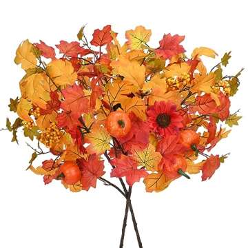 2Pcs 24" Fall Leaves Stems Artificial Autumn Leaves Maple Branches with DIY Pumpkin, Fall Decorations for Home Farmhouse Thanksgiving Decor Vase Centerpieces Table