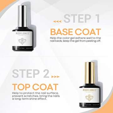 modelones Top Coat and Base Coat, 2 Pcs No Wipe Gel Base and Top Coat Clear Top Coat Long Lasting Shiny 10 ml