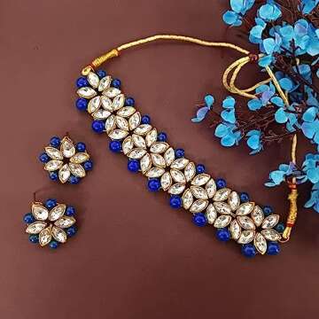 Efulgenz Faux Pearl Choker Indian Jewelry Sets for Women Crystal Kundan Pearl Necklace Set Beaded Fa...