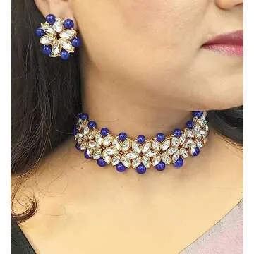 Efulgenz Faux Pearl Choker Indian Jewelry Sets for Women Crystal Kundan Pearl Necklace Set Beaded Faux Pearl Necklace Earrings Bollywood Fashion Jewelry Wedding Bridal Jewelry Set