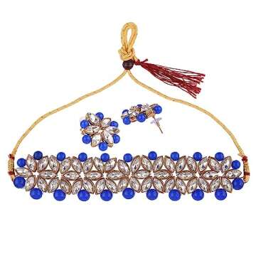 Efulgenz Faux Pearl Choker Indian Jewelry Sets for Women Crystal Kundan Pearl Necklace Set Beaded Faux Pearl Necklace Earrings Bollywood Fashion Jewelry Wedding Bridal Jewelry Set