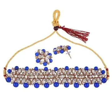 Efulgenz Faux Pearl Choker Indian Jewelry Sets for Women Crystal Kundan Pearl Necklace Set Beaded Faux Pearl Necklace Earrings Bollywood Fashion Jewelry Wedding Bridal Jewelry Set