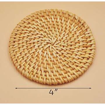 Set 6 Pcs with Holder Handwoven Rattan Coasters - Cup Base Plates & Dishes Insulated Hot Pads Pot - ...