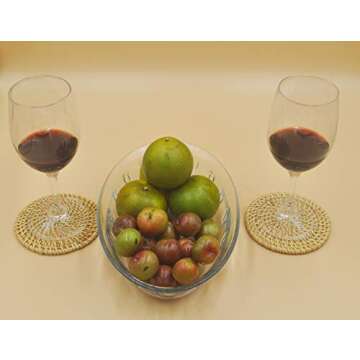 Set 6 Pcs with Holder Handwoven Rattan Coasters - Cup Base Plates & Dishes Insulated Hot Pads Pot - Living & Dining Room Kitchen Accessories (Rattan, 4" Round)