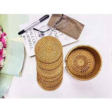 Set 6 Pcs with Holder Handwoven Rattan Coasters - Cup Base Plates & Dishes Insulated Hot Pads Pot - Living & Dining Room Kitchen Accessories (Rattan, 4" Round)