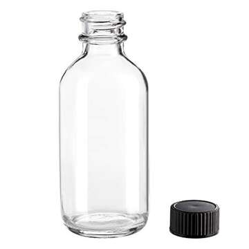 Bekith 30 Pack 2 oz Small Clear Glass Bottles, Boston Round Sample Bottles with Black Poly Cone Cap for Juice, Ginger Shots, Oils, Whiskey, Liquids