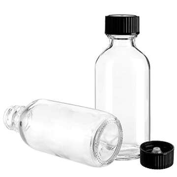 Bekith 30 Pack 2 oz Small Clear Glass Bottles, Boston Round Sample Bottles with Black Poly Cone Cap for Juice, Ginger Shots, Oils, Whiskey, Liquids