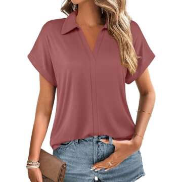 Vivilli Womens Collared Work Blouses for Office V Neck Polo Tops Short Sleeve Tunic Shirts for Leggi...