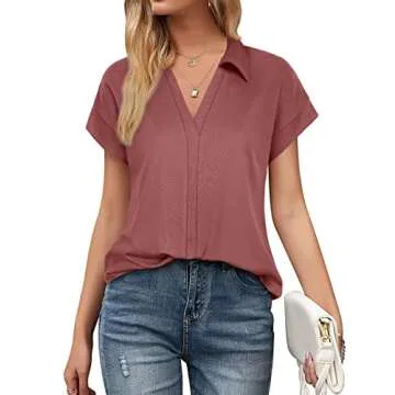 Vivilli Womens Collared Work Blouses for Office V Neck Polo Tops Short Sleeve Tunic Shirts for Leggings Ladies Dressy Shirt Summer Workwear Clothes Rust Red M