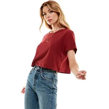 Women's Boxy Crop Top Round Neck Short Sleeve Casual 100% Cotton Cropped Tee T-Shirt, Burgundy, Medium