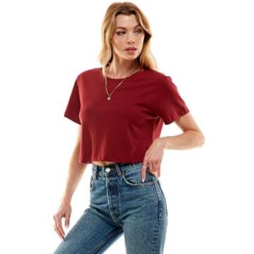 Women's Boxy Crop Top Round Neck Short Sleeve Casual 100% Cotton Cropped Tee T-Shirt, Burgundy, Medium