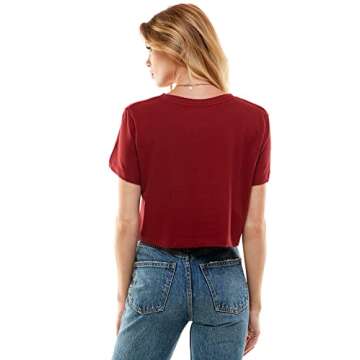 Women's Boxy Crop Top Round Neck Short Sleeve Casual 100% Cotton Cropped Tee T-Shirt, Burgundy, Medium