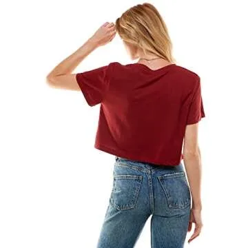 Women's Boxy Crop Top Round Neck Short Sleeve Casual 100% Cotton Cropped Tee T-Shirt, Burgundy, Medium