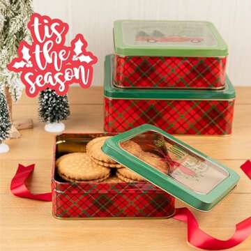 Plum Designs Christmas Metal Cookie Tins Set of 3 Sizes - Decorative Cookie Tins |Gift Set| Tins wit...