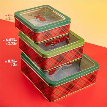 Plum Designs Christmas Metal Cookie Tins Set of 3 Sizes - Decorative Cookie Tins |Gift Set| Tins with lids, | Merry and bright, Christmas Themes and Colors| Nesting Tins