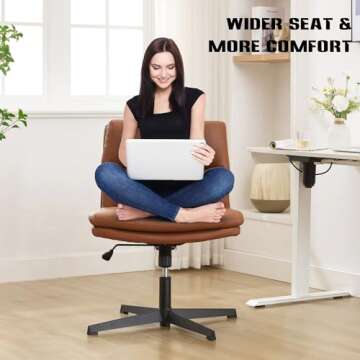 Okeysen Armless Criss Cross Chair No Wheels, Wide Seat Cross Legged Comfy Office Desk Chair No Wheels, PU Leather Adjustable Swivel Computer Task Chair for Home, Office, Modern Vanity Chair, Brown