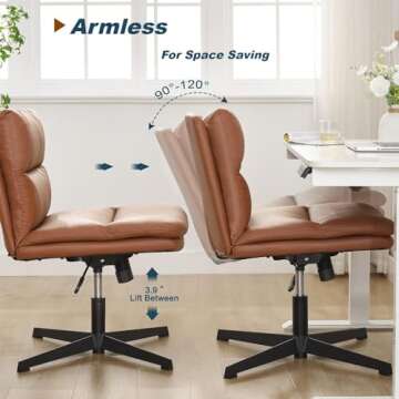 Okeysen Armless Criss Cross Chair No Wheels, Wide Seat Cross Legged Comfy Office Desk Chair No Wheels, PU Leather Adjustable Swivel Computer Task Chair for Home, Office, Modern Vanity Chair, Brown