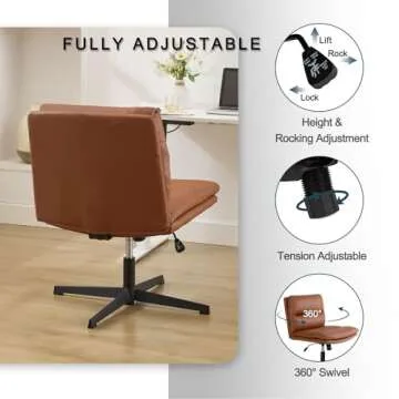 Okeysen Armless Criss Cross Chair No Wheels, Wide Seat Cross Legged Comfy Office Desk Chair No Wheels, PU Leather Adjustable Swivel Computer Task Chair for Home, Office, Modern Vanity Chair, Brown
