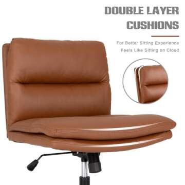 Okeysen Armless Criss Cross Chair No Wheels, Wide Seat Cross Legged Comfy Office Desk Chair No Wheels, PU Leather Adjustable Swivel Computer Task Chair for Home, Office, Modern Vanity Chair, Brown