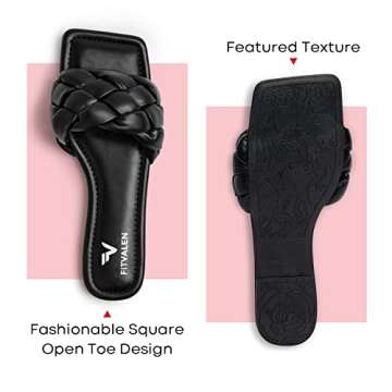 FITVALEN Braided Sandals for Women, Women's Square Open Toe Slide Sandals Comfort Woven Strap Flat Sandals for Summer Beach Daily Wear Wedding Party (Black, numeric_7)