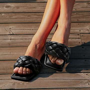 FITVALEN Braided Sandals for Women, Women's Square Open Toe Slide Sandals Comfort Woven Strap Flat Sandals for Summer Beach Daily Wear Wedding Party (Black, numeric_7)