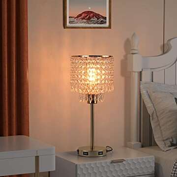 Elegant Gold Crystal Lamp with USB Charging Port