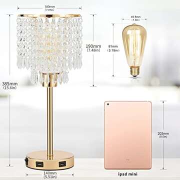 Elegant Gold Crystal Lamp with USB Charging Port