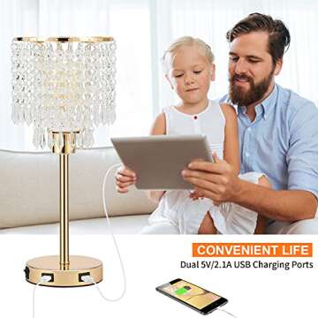 Elegant Gold Crystal Lamp with USB Charging Port