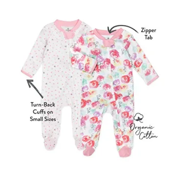 HonestBaby 2-Pack Sleep and Play Footed Pajamas One-Piece Sleeper Jumpsuit Zip-Front Pjs Organic Cotton for Baby Girls, Unisex, Rose Blossom/Love Dot, 0-3 Months